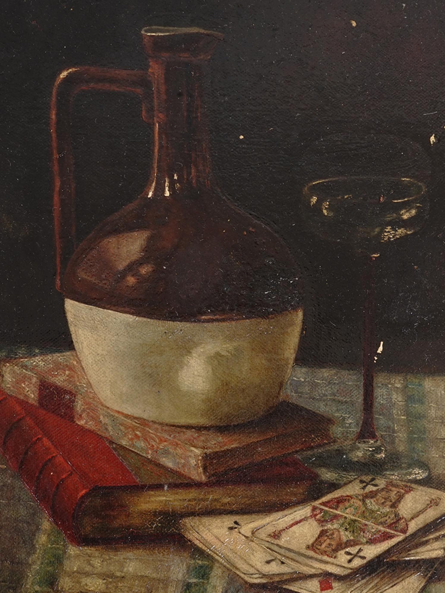 VINTAGE STILL LIFE OIL PAINTING WINE AND CARDS PIC-1